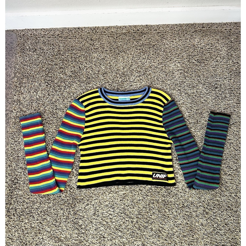 UNIF Multicolor Striped Crop Sweater Size Small Rainbow Long Sleeve Ribbed Top